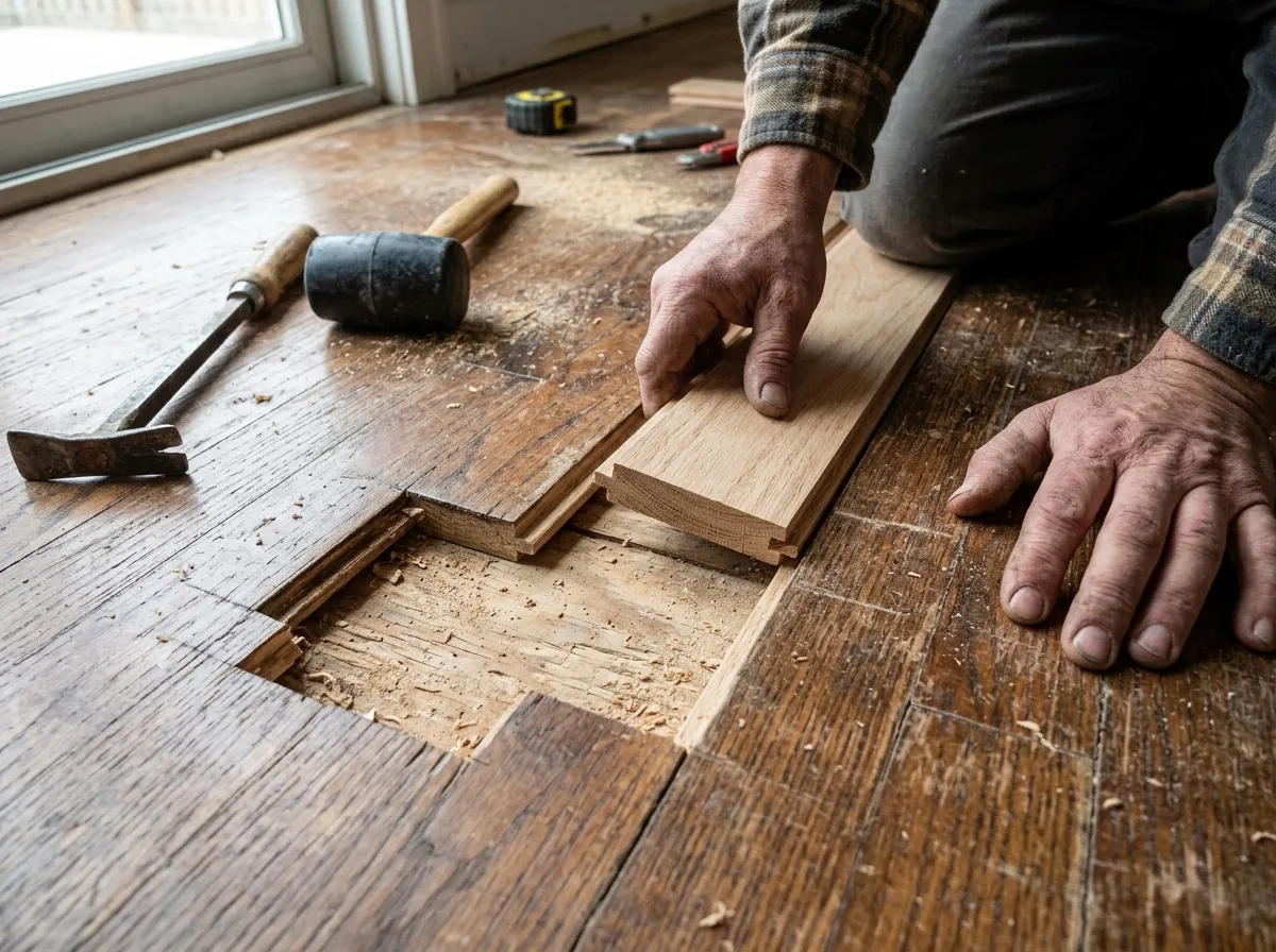 Technician lacing new oak boards into an existing hardwood floor during a board replacement repair