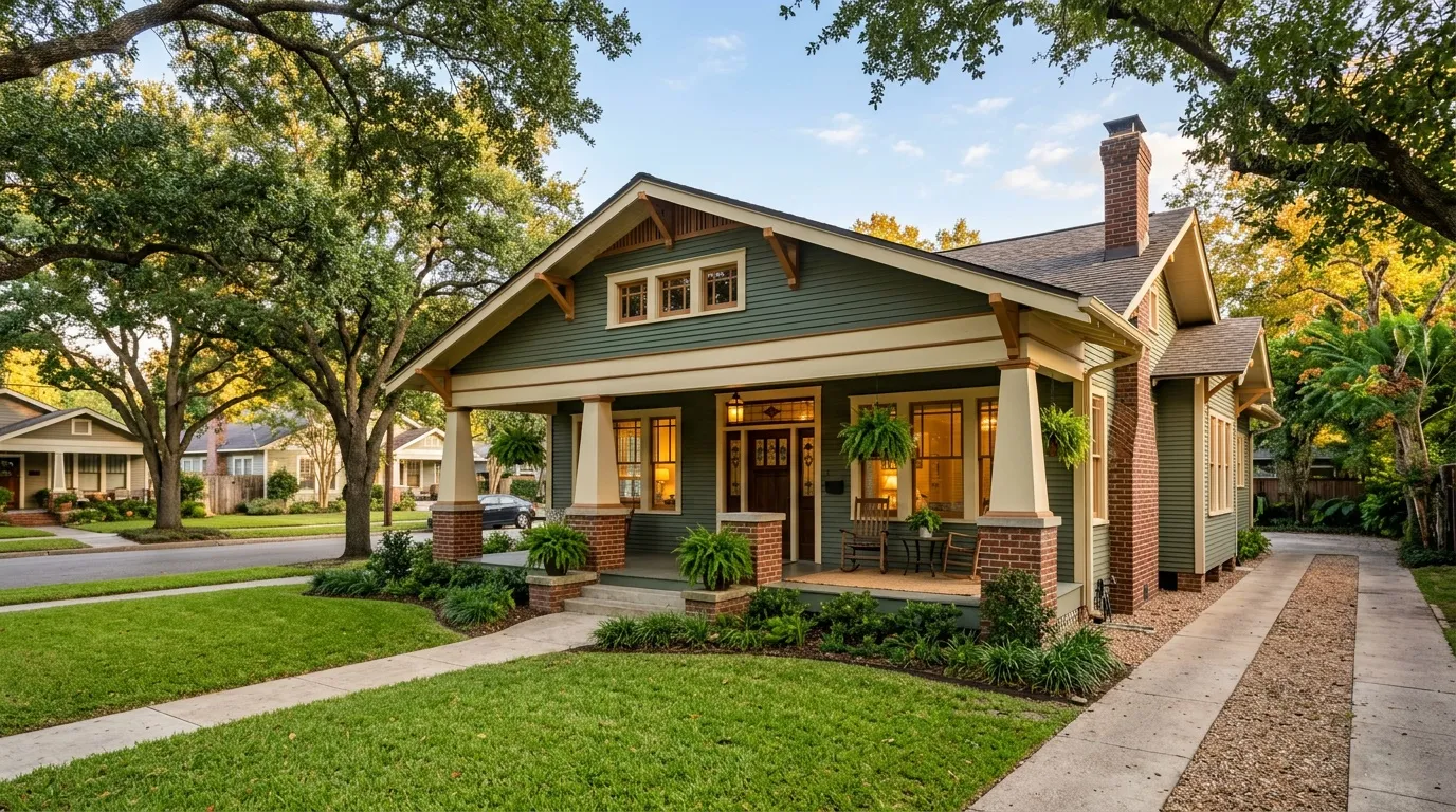 Restored Craftsman bungalow with a front porch under live oaks in Houston