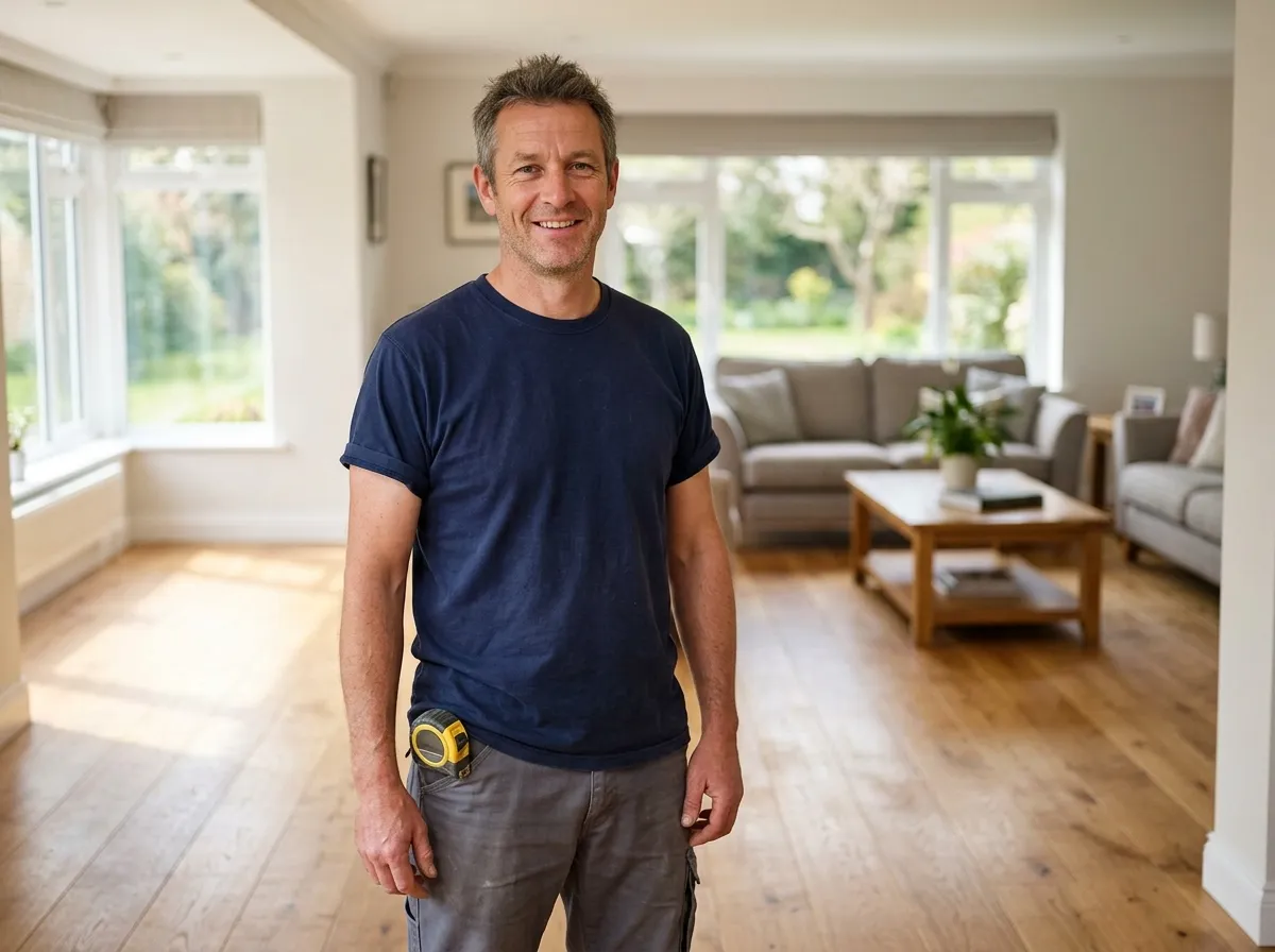 Hardwood flooring craftsman standing in a home with refinished oak floors