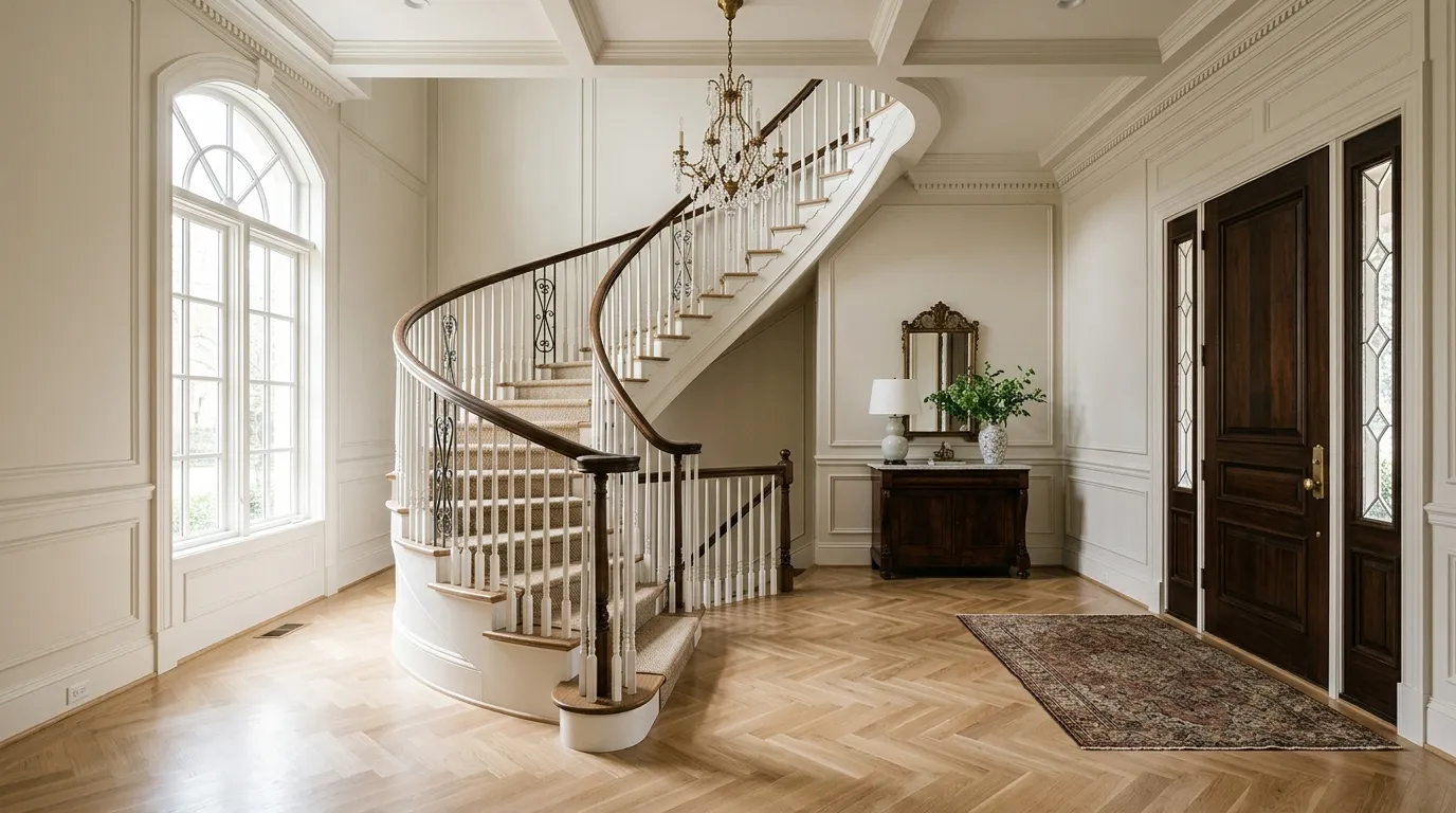 Formal River Oaks style entry foyer with a refinished white oak herringbone hardwood floor