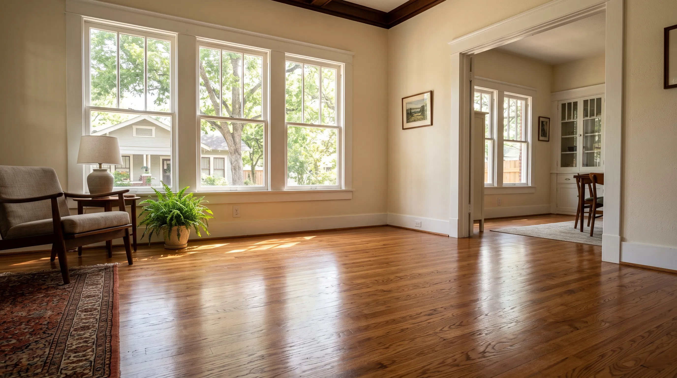 Refinished red oak hardwood floor glowing in afternoon light in a Houston Heights Craftsman bungalow