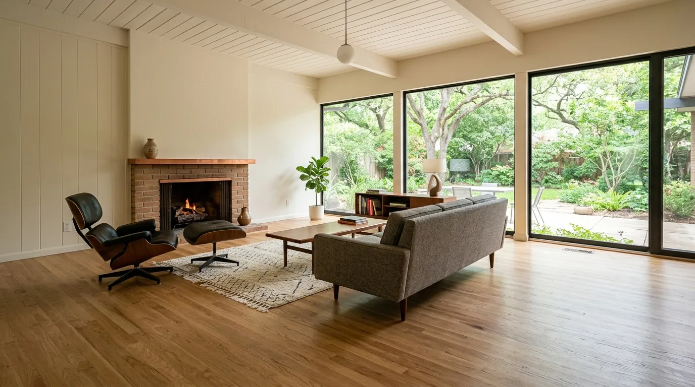 Mid-century ranch living room in Meyerland with refinished original white oak strip floors