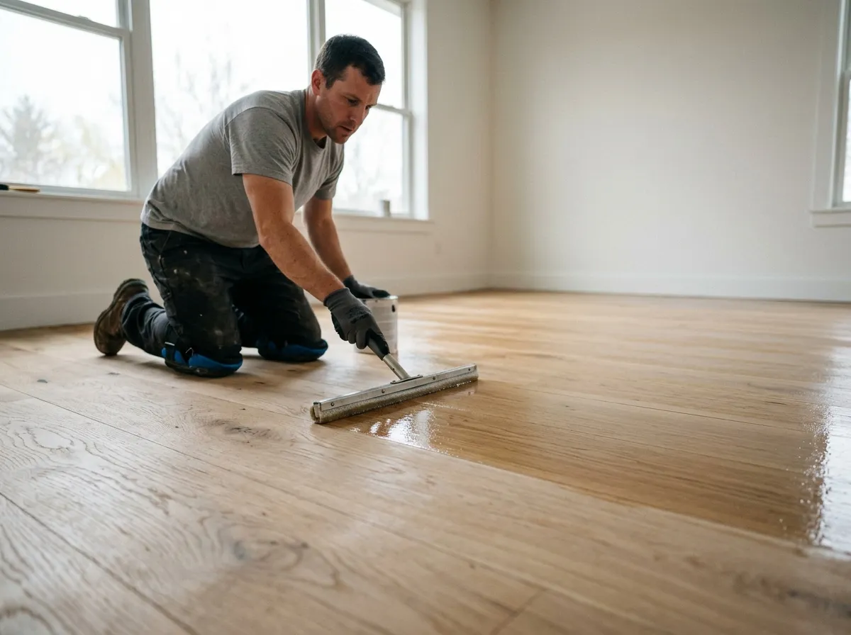 Craftsman applying waterborne polyurethane to a freshly sanded white oak floor in a Houston home