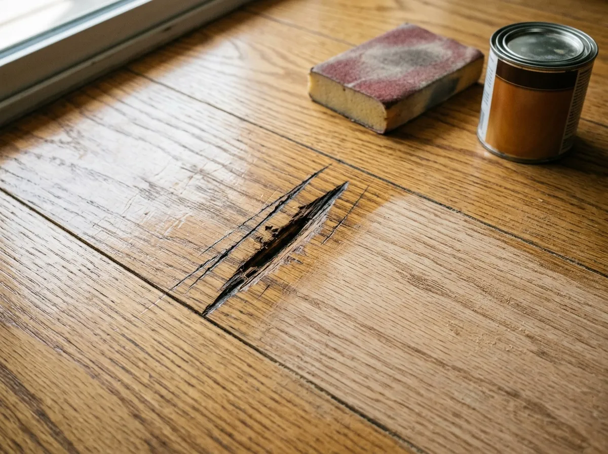 Spot repair of a scratched and gouged oak hardwood floor