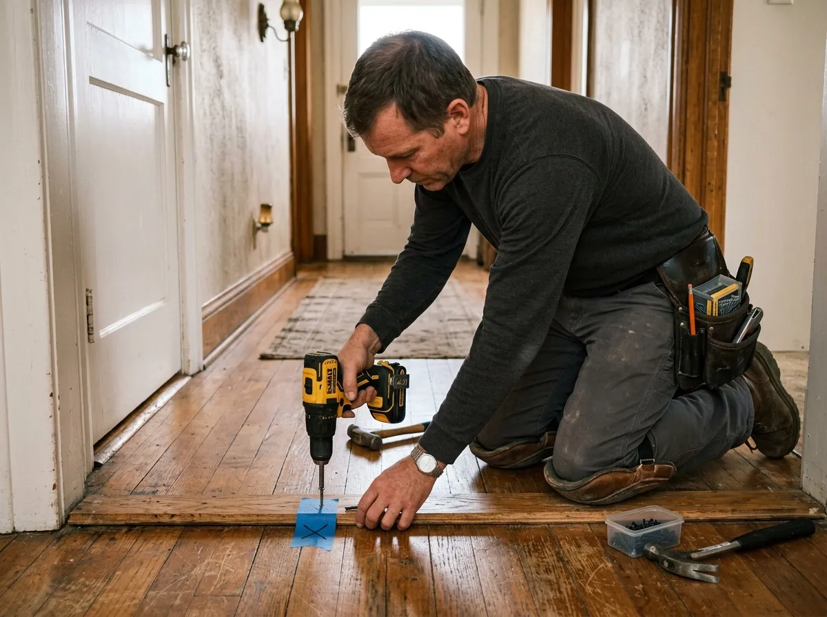 Technician securing a loose squeaky hardwood board with a trim-head screw in a Houston hallway