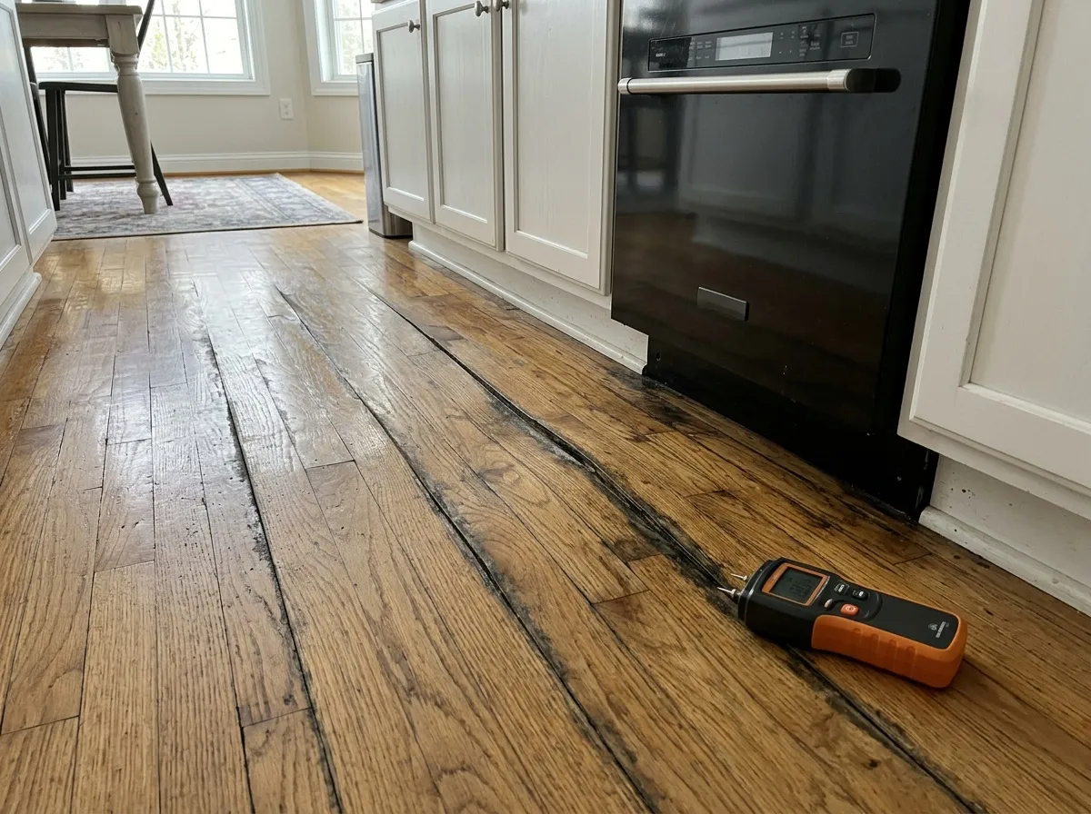 Cupped water-damaged hardwood boards in a Houston kitchen with a moisture meter on the floor